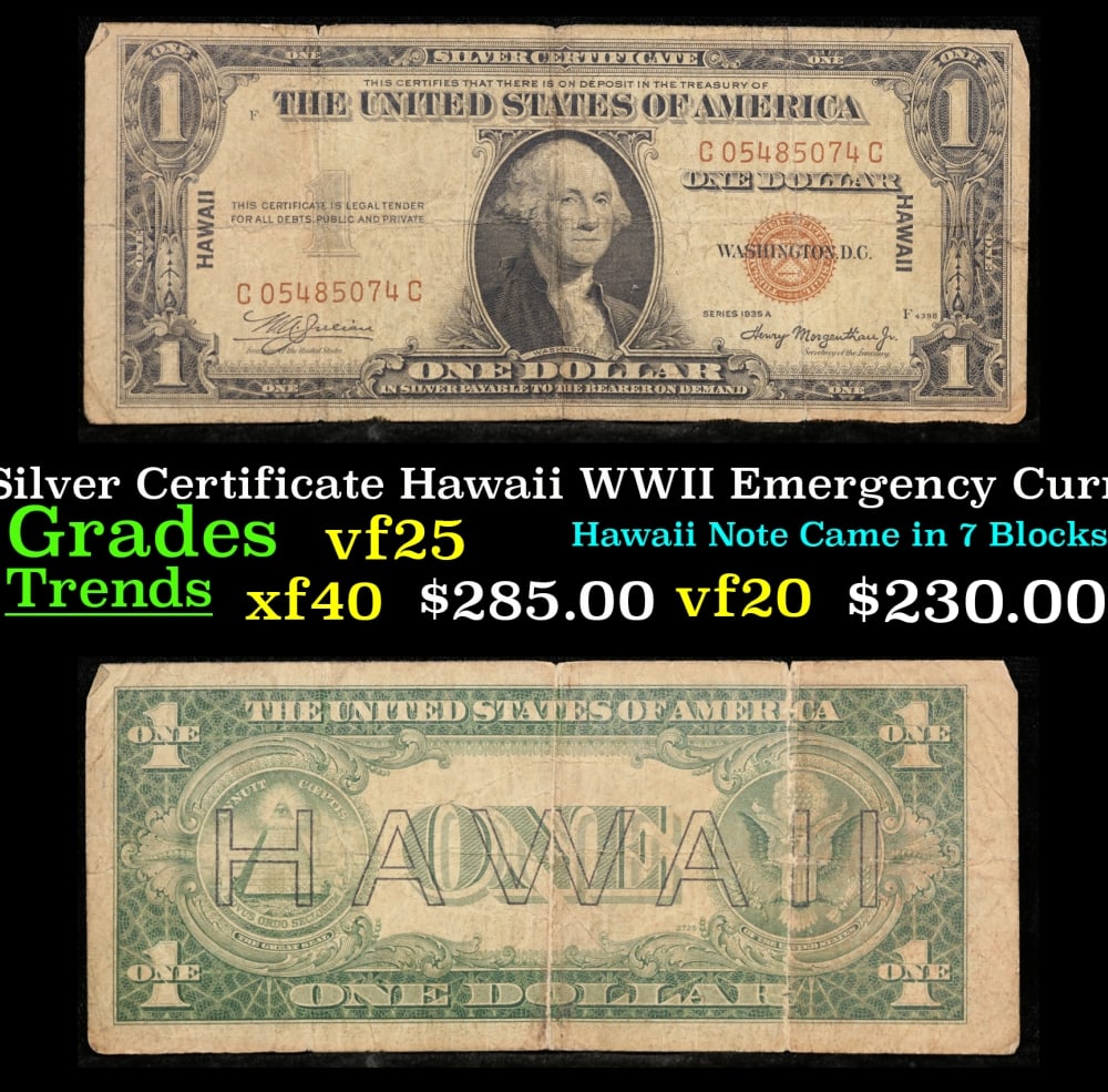 1935A $1 Silver Certificate Hawaii WWII Emergency Currency Rare CC Block Grades vf+ (1 of 3)