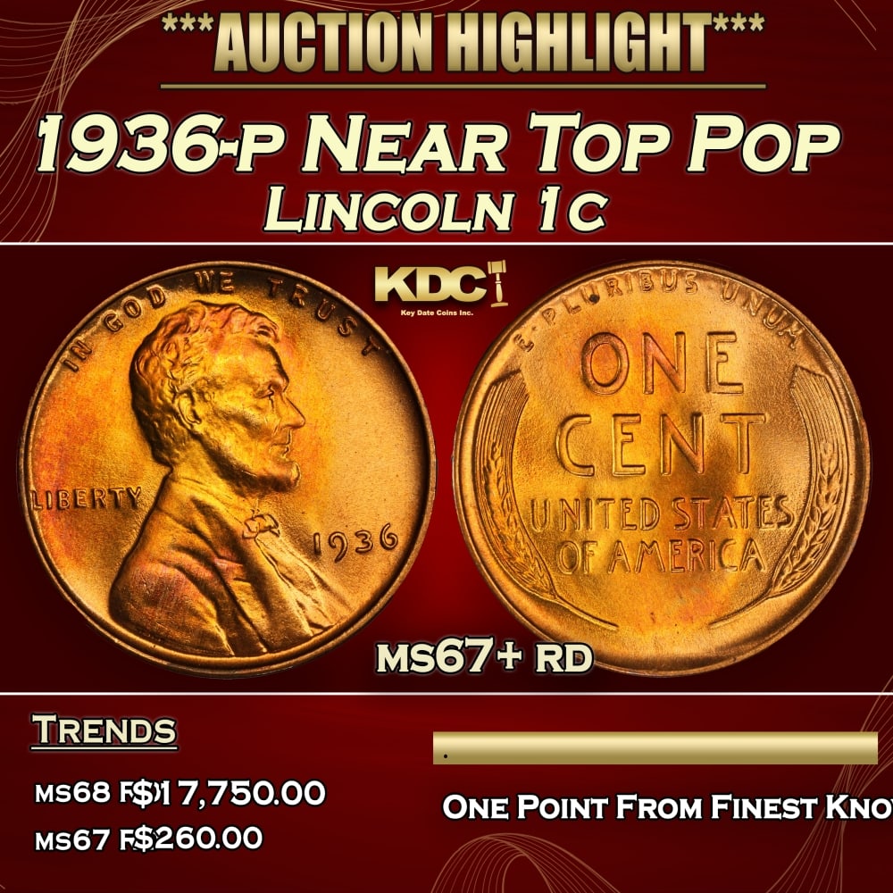 1936-p Lincoln Cent Near Top Pop 1c ms67+ rd SEGS (1 of 3)