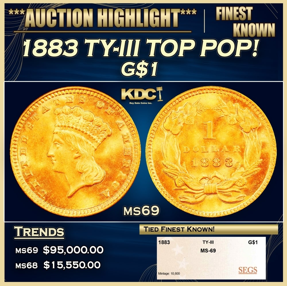 1883 Gold Dollar TY-III TOP POP! $1 ms69 SEGS: 1883 TY-III TOP POP! Gold Dollar $1 ms69 SEGS. 0