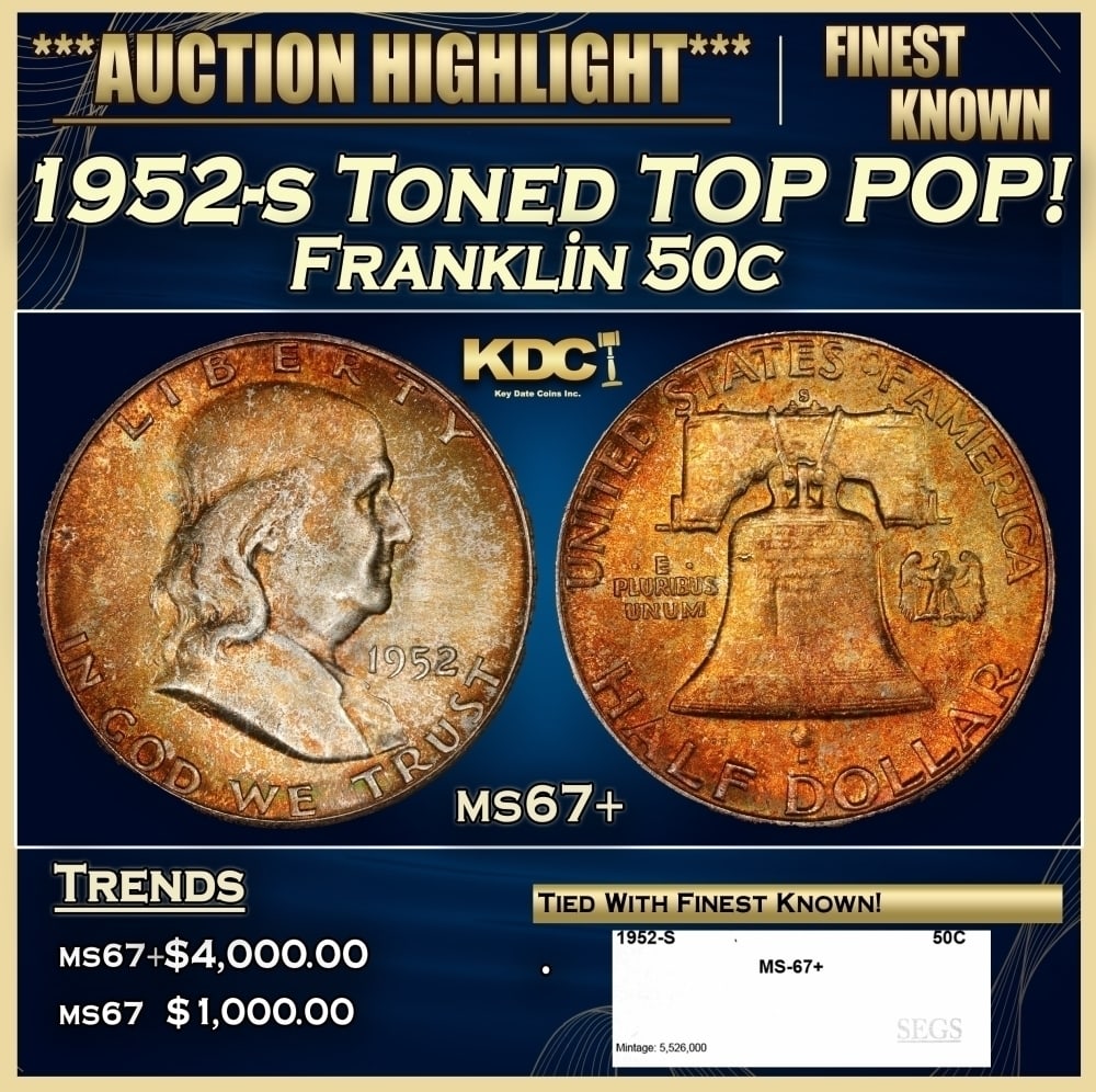 1952-s Franklin Half Dollar Toned TOP POP! 50c ms67+ SEGS (1 of 4)