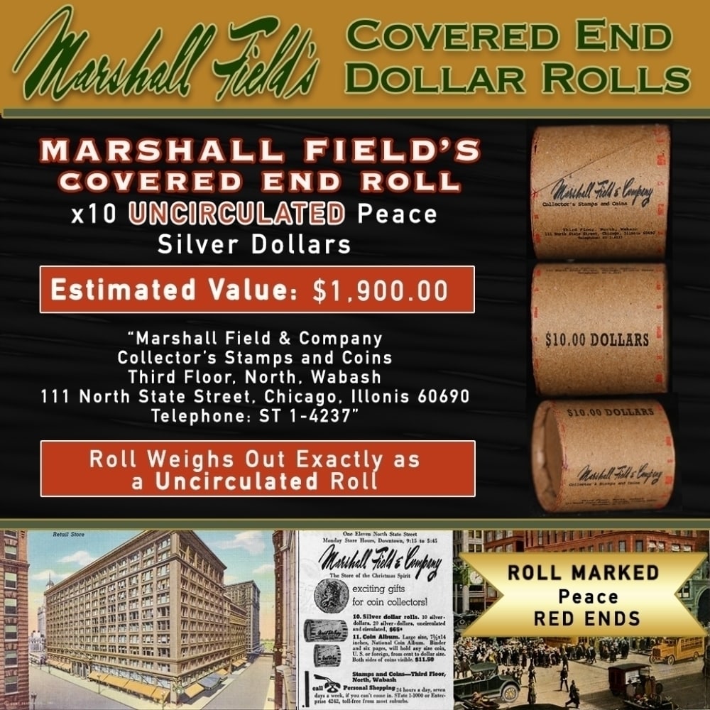 Rare Peace UNC MARSHALL FIELDS 10 $1 Roll RED Level: Rare Peace UNC MARSHALL FIELDS 10 $1 Roll RED Level. Up For Auction is a 183- Rare Peace UNC MARSHALL FIELDS 10 $1 Roll RED Level Roll Weighing 270.2 g Based On this weight this is a UNC Roll We are v
