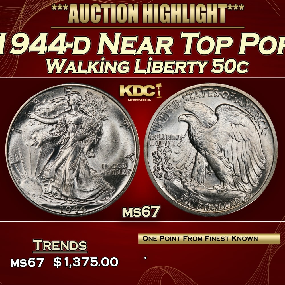 1944-d Walking Liberty Half Dollar Near Top Pop 50c ms67 SEGS: 1944-d Near Top Pop Walking Liberty Half Dollar 50c ms67 SEGS.
