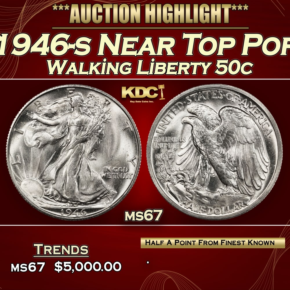 1946-s Walking Liberty Half Dollar Near Top Pop 50c ms67 SEGS: 1946-s Near Top Pop Walking Liberty Half Dollar 50c ms67 SEGS.