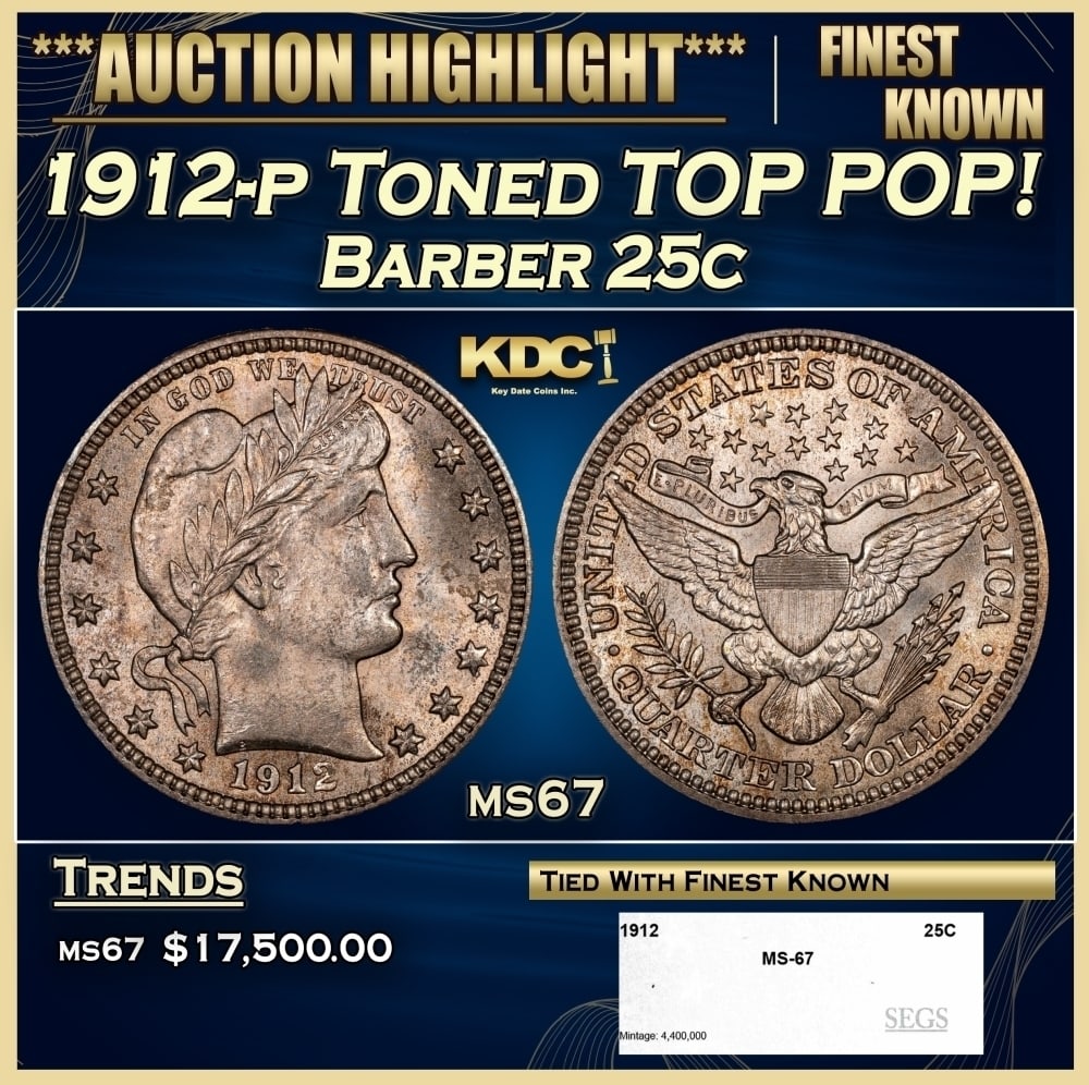 1912-p Barber Quarter Toned TOP POP! 25c ms67 SEGS (1 of 4)