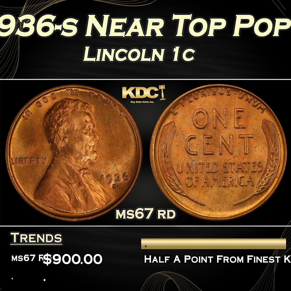 1936-s Lincoln Cent Near Top Pop 1c ms67 rd SEGS: 1936-s Near Top Pop Lincoln Cent 1c ms67 rd SEGS. 0