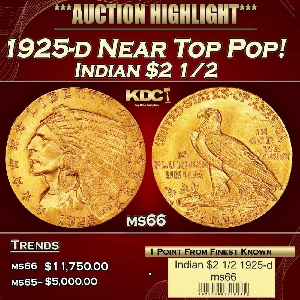 1925-d Gold Indian Quarter Eagle Near Top Pop! $2 1/2 ms66 USCG (1 of 4)