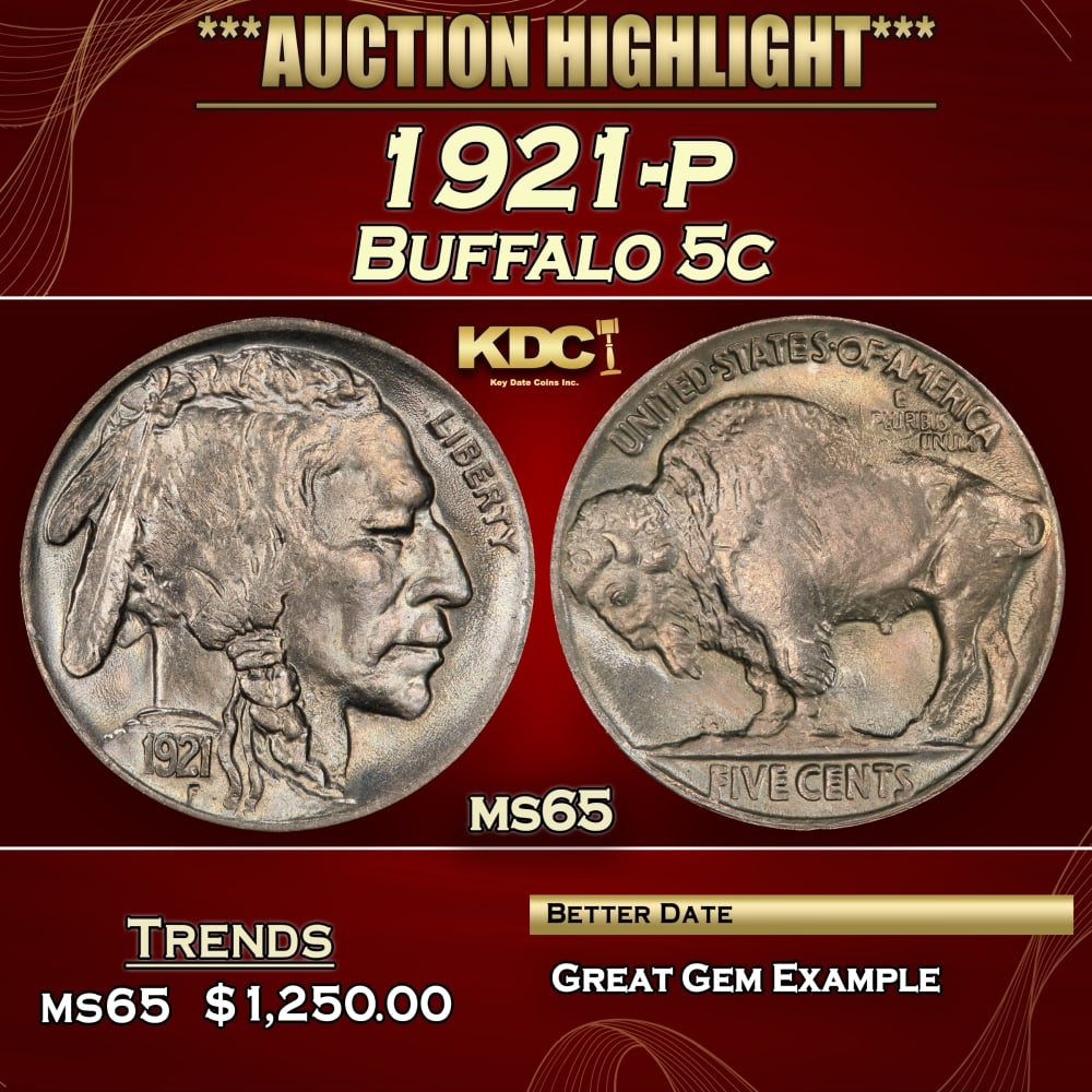 1921-p Buffalo Nickel 5c ms65 SEGS (1 of 3)