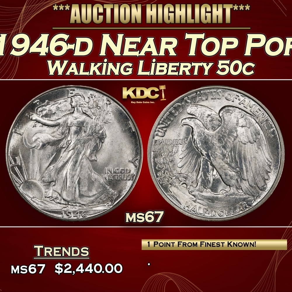 1946-d Walking Liberty Half Dollar Near Top Pop 50c ms67 SEGS: 1946-d Near Top Pop Walking Liberty Half Dollar 50c ms67 SEGS.
