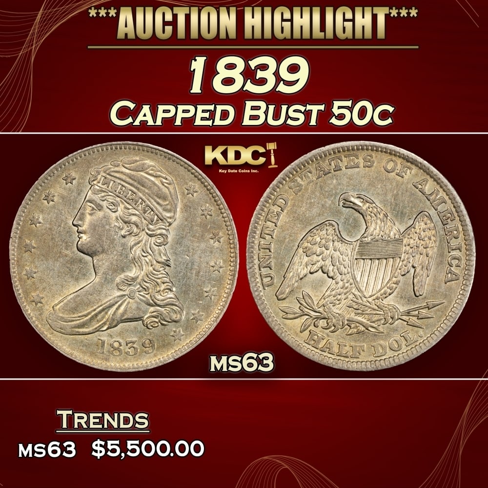 1839 Capped Bust Half Dollar 50c ms63 USCG: 1839 Capped Bust Half Dollar 50c ms63 USCG. 0