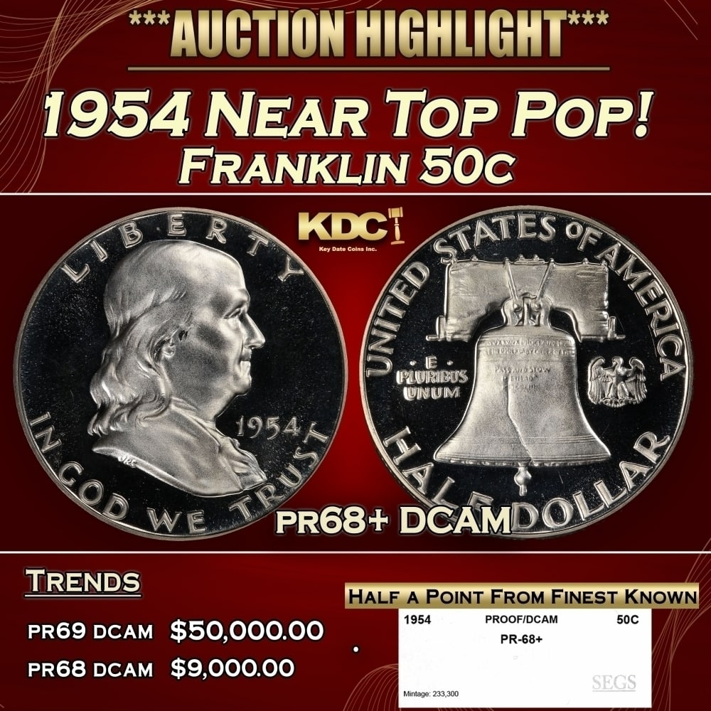 1954 Proof Franklin Half Dollar Near Top Pop! 50c pr68+ DCAM SEGS (1 of 4)