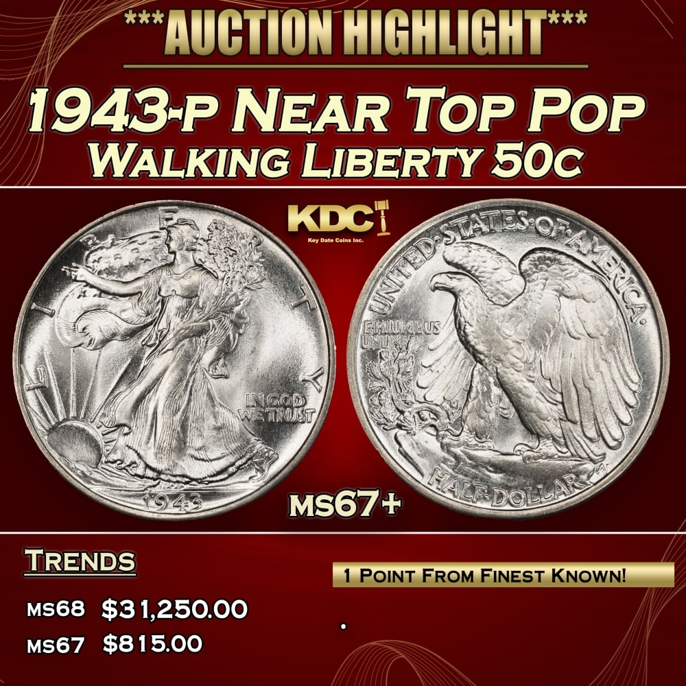 1943-p Walking Liberty Half Dollar Near Top Pop 50c ms67+ SEGS (1 of 3)