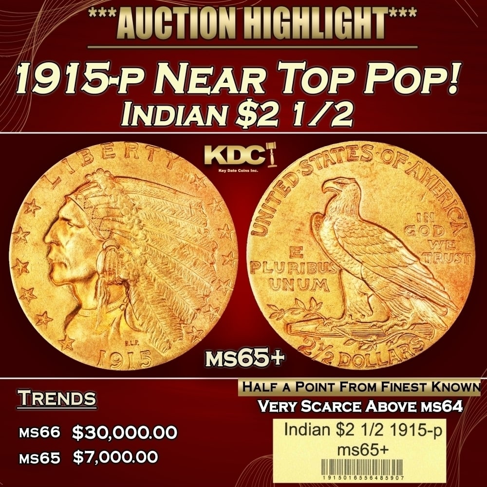 1915-p Gold Indian Quarter Eagle Near Top Pop! $2 1/2 ms65+ USCG (1 of 4)