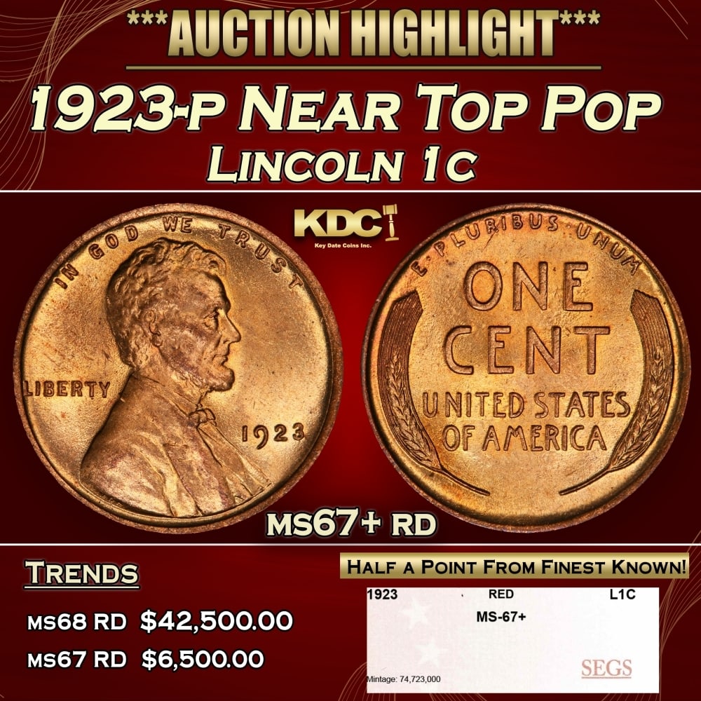 1923-p Lincoln Cent Near Top Pop 1c ms67+ rd SEGS (1 of 4)