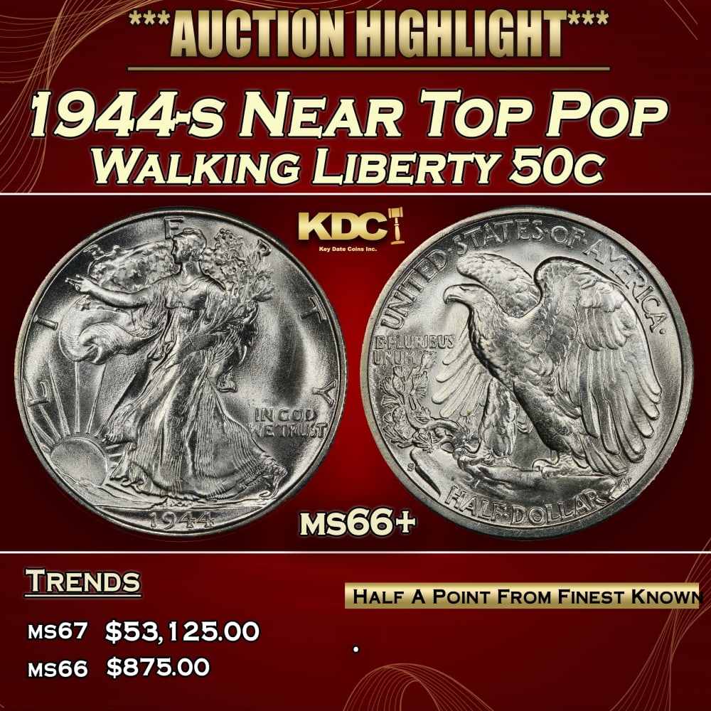 1944-s Walking Liberty Half Dollar Near Top Pop 50c ms66+ SEGS: 1944-s Near Top Pop Walking Liberty Half Dollar 50c ms66+ SEGS.