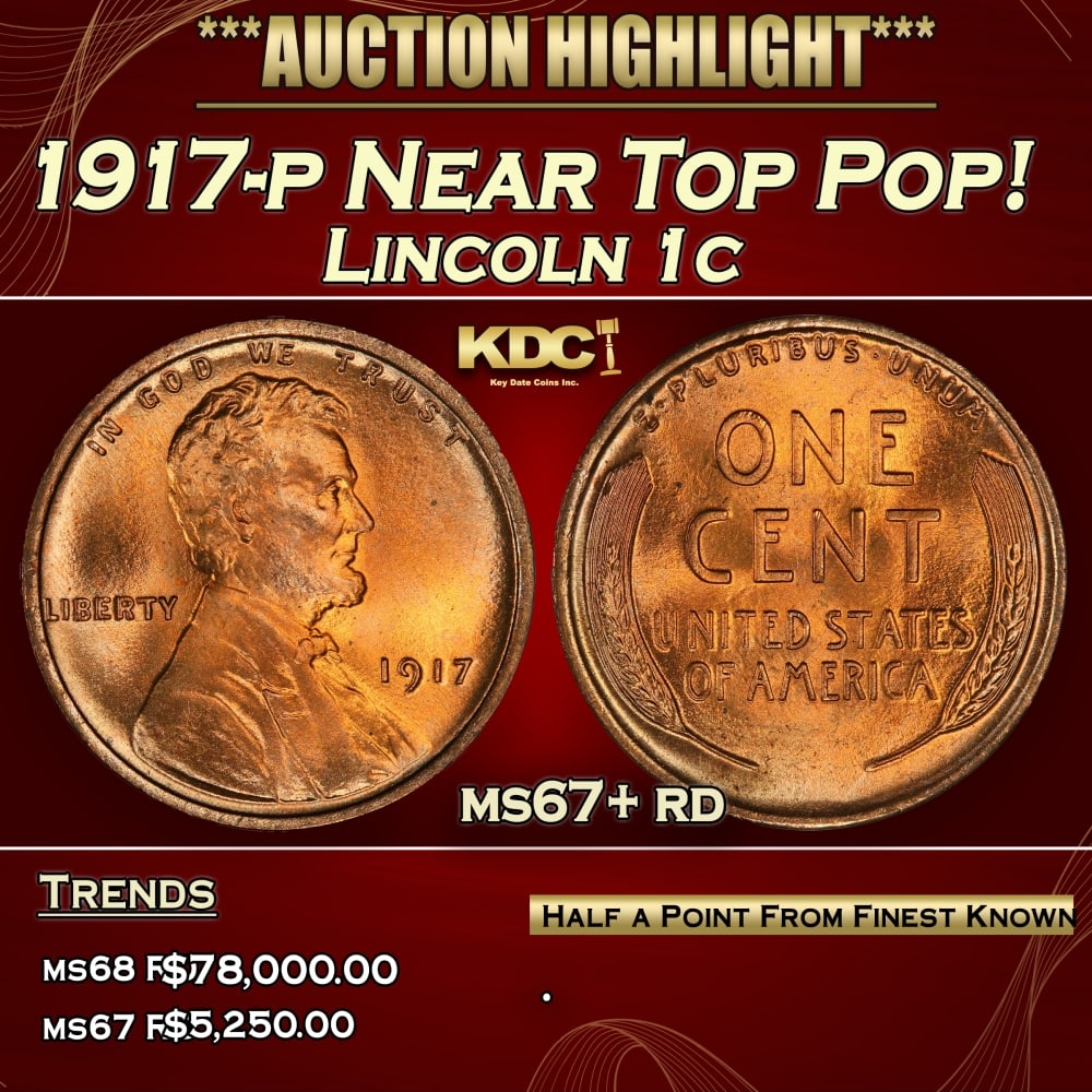 1917-p Lincoln Cent Near Top Pop! 1c ms67+ rd SEGS (1 of 3)
