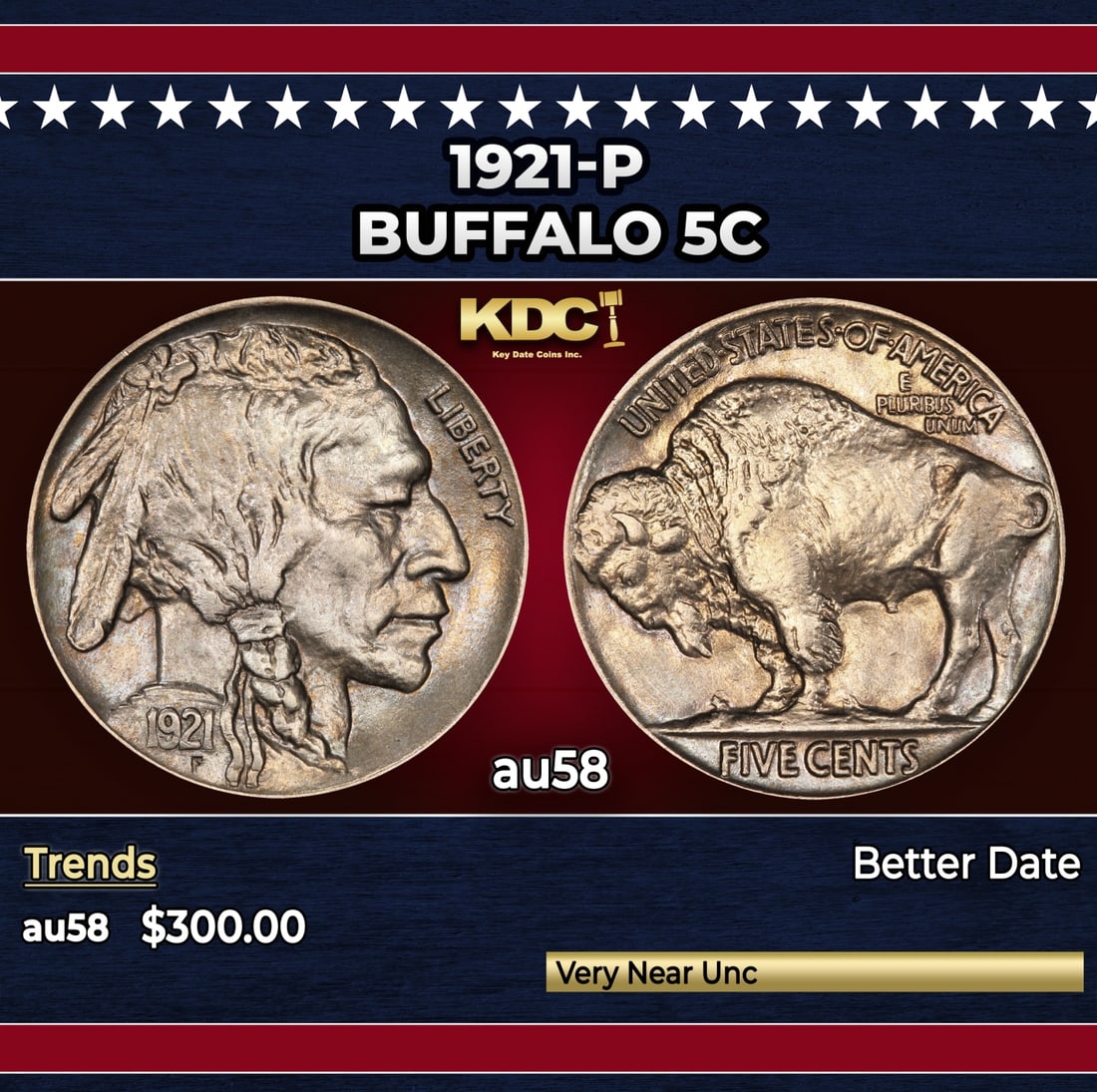 1921-p Buffalo Nickel 5c Grades au58: 1921-p Buffalo Nickel 5c Grades au58. Historic precious metal trends is causing increased spot pricing by the day. On auctions with set openings, we are doing our best to have items priced at their