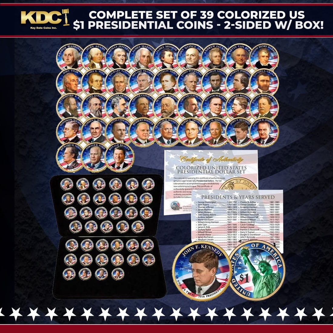 Complete Set of 39 Colorized US $1 Presidential Coins - 2-Sided w/ Box! Other Toy (1 of 1)