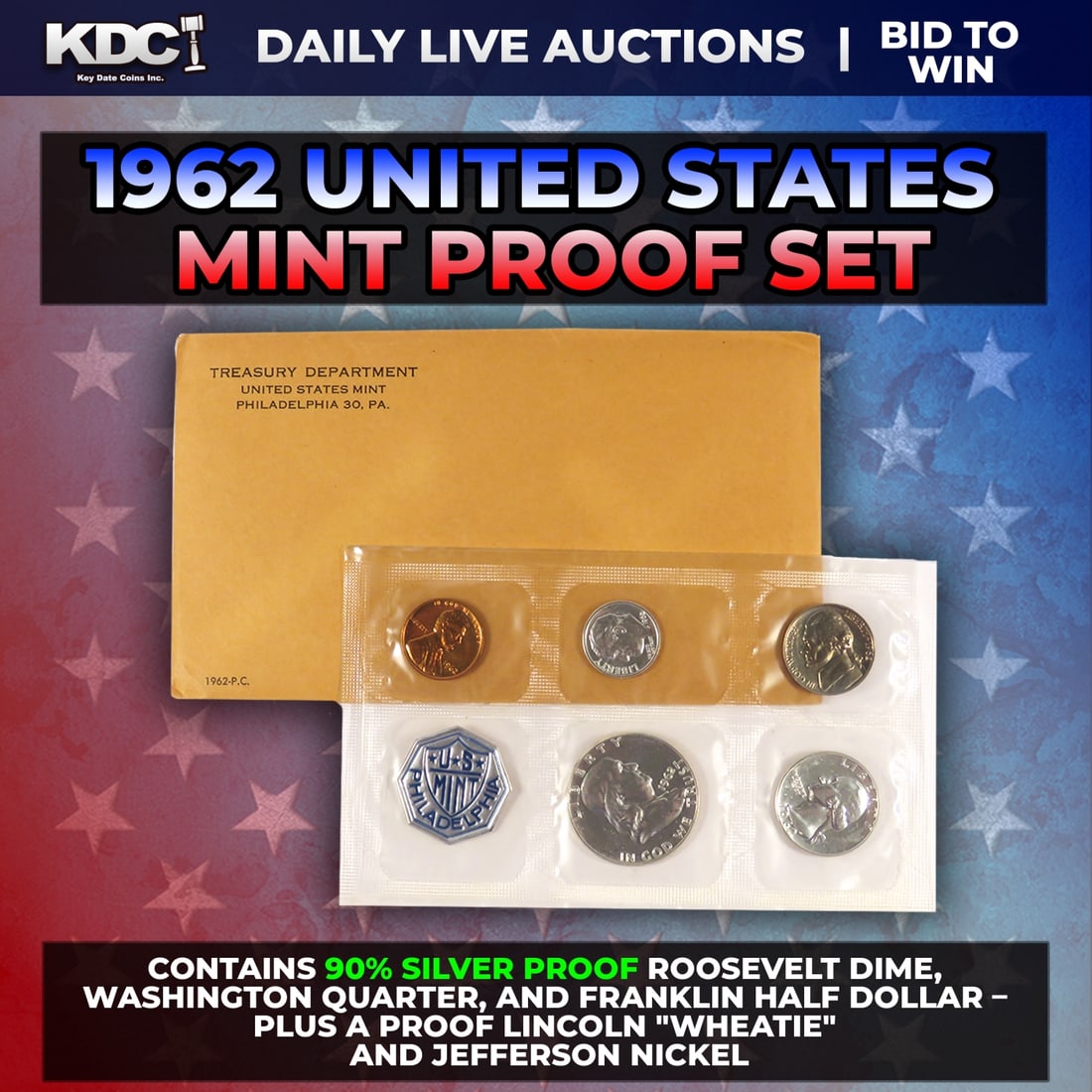 1962 United States Mint Silver Proof Set In Original Goventment Packaging, 5 Coins - Manilla (1 of 1)
