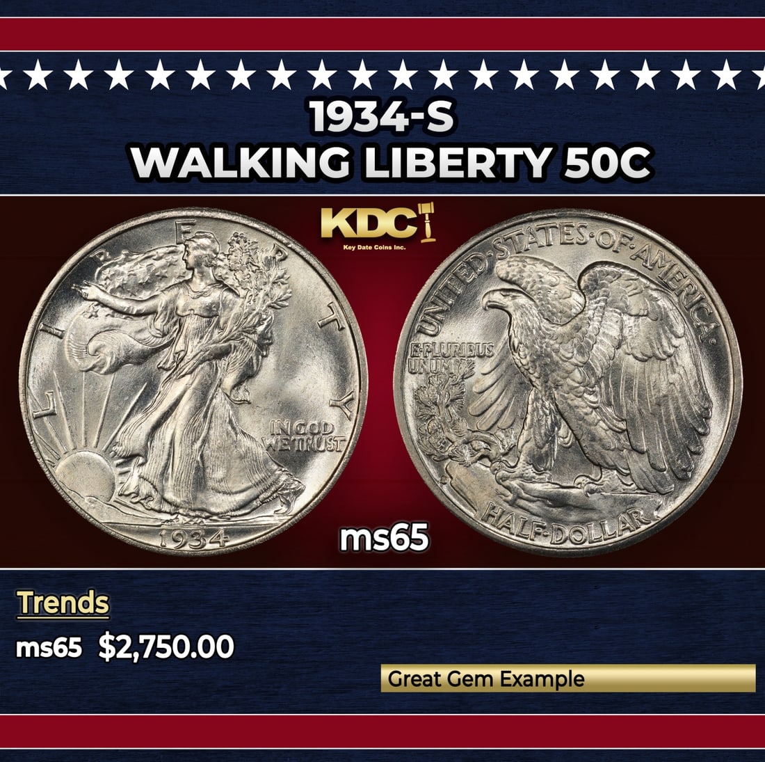 1934-s Walking Liberty Half Dollar 50c ms65 SEGS (1 of 3)