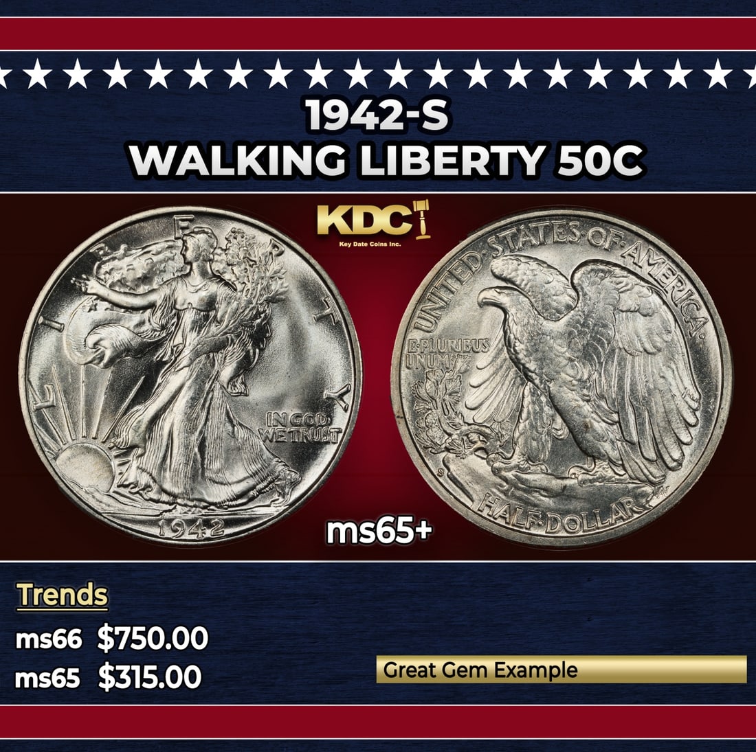 1942-s Walking Liberty Half Dollar 50c Grades ms65+: 1942-s Walking Liberty Half Dollar 50c Grades ms65+. Historic precious metal trends is causing increased spot pricing by the day. On auctions with set openings, we are doing our best to have items