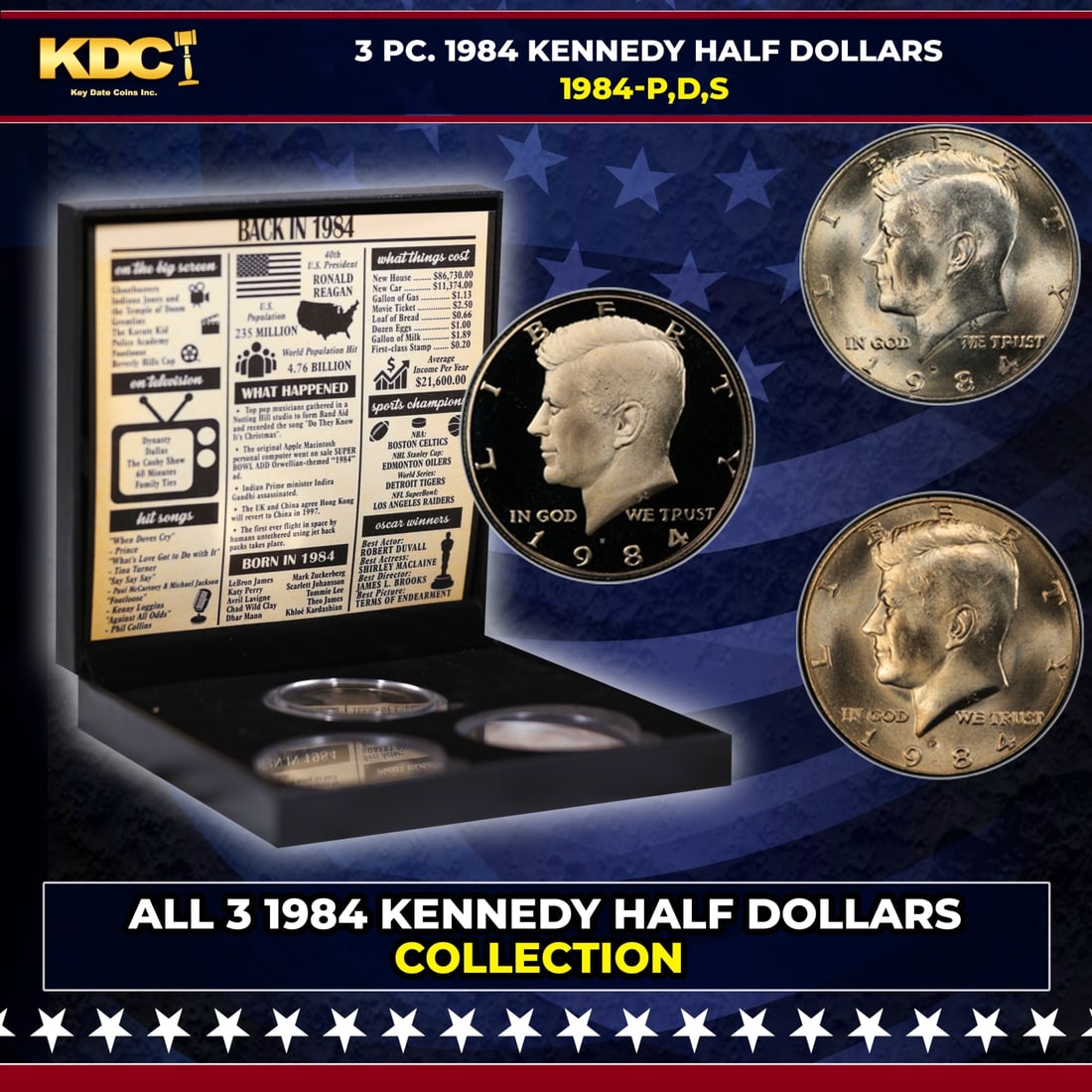 Complete 3 PC. 1984 Kennedy Half Dollar 50c set In Custom Box W/ Special Backer Card BU & Proof (1 of 7)