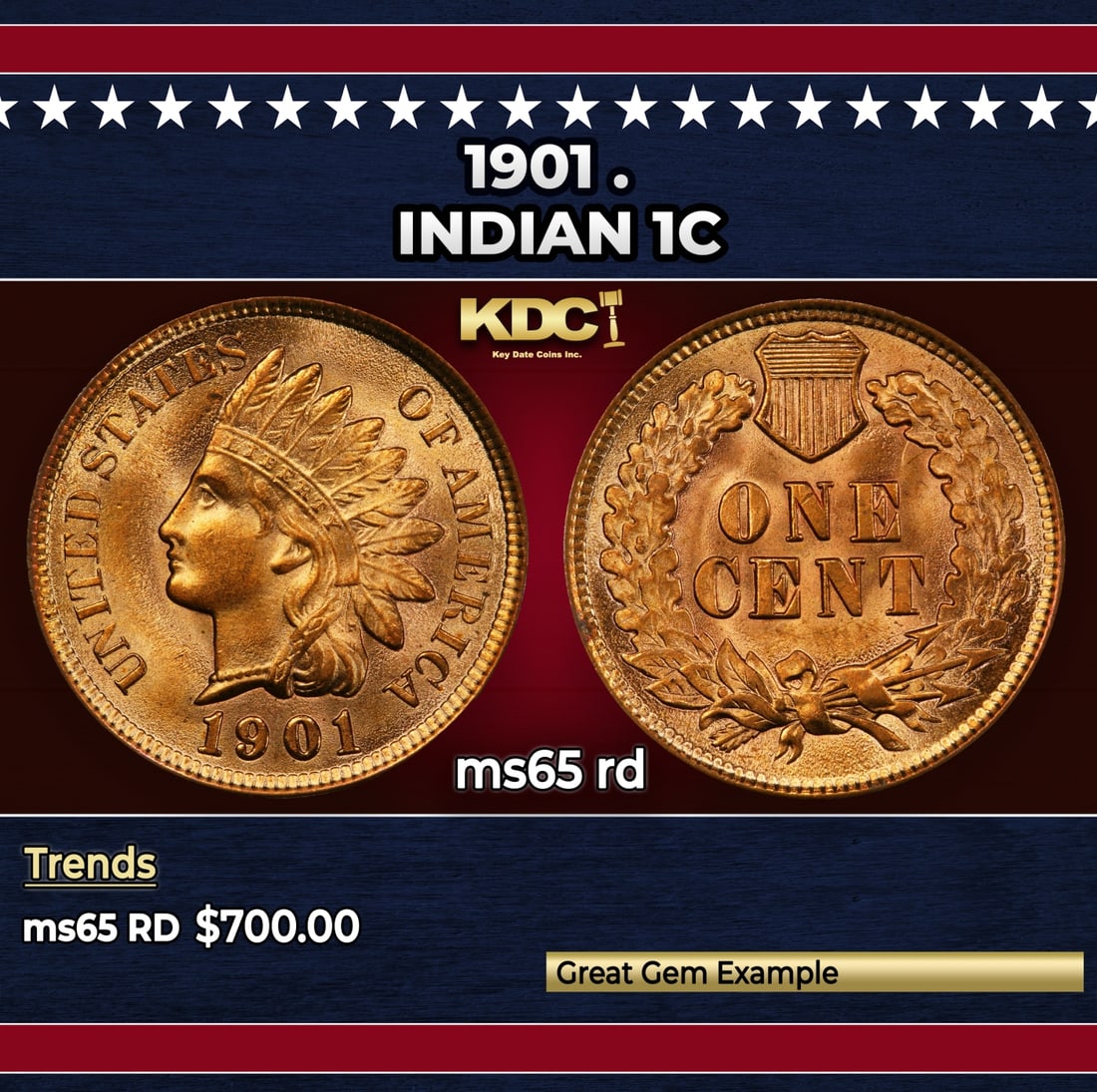 1901 Indian Cent . 1c Grades ms65 rd (1 of 3)