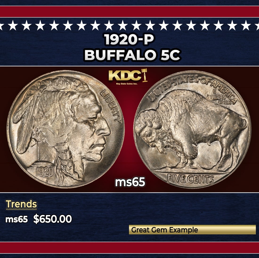 1920-p Buffalo Nickel 5c Grades ms65 (1 of 3)
