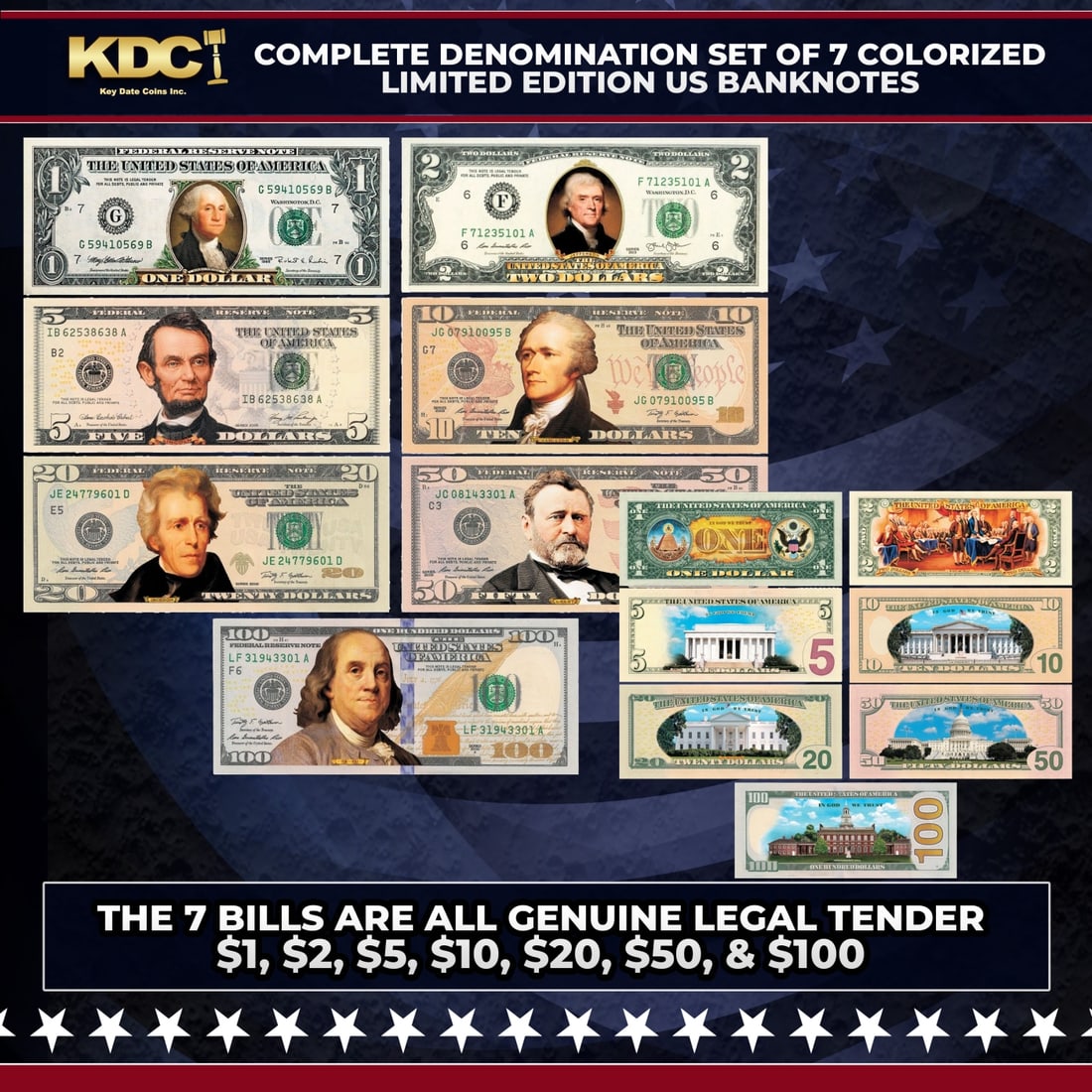 Complete Denomination Set of 7 Colorized 2-Sided US Banknotes ($1 to $100) The Bills Are Real Other (1 of 1)