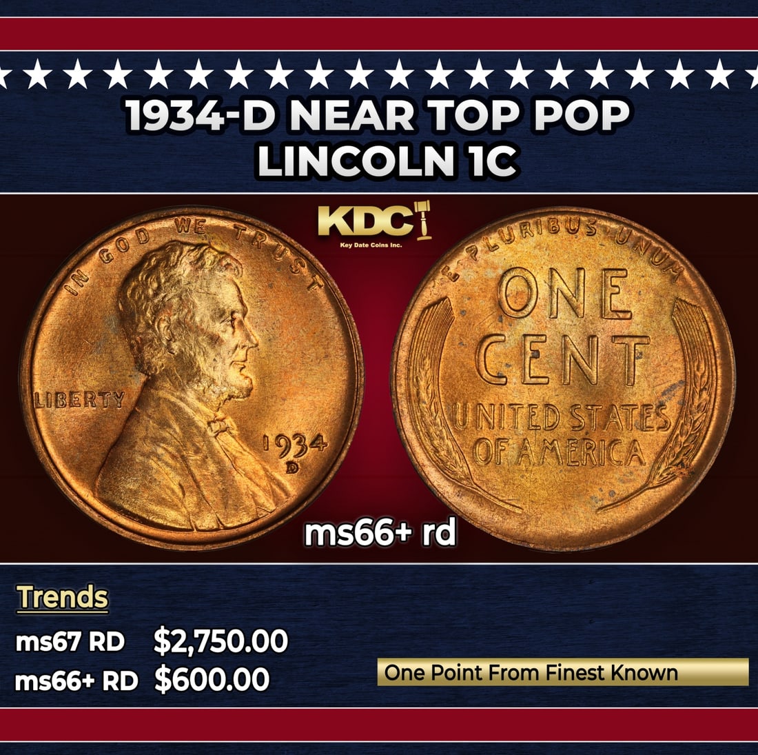 1934-d Lincoln Cent Near Top Pop 1c ms66+ rd SEGS (1 of 3)