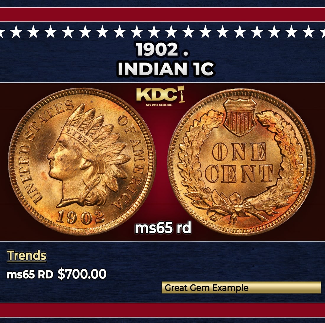 1902 Indian Cent . 1c Grades ms65 rd: 1902 . Indian Cent 1c Grades ms65 rd. Historic precious metal trends is causing increased spot pricing by the day. On auctions with set openings, we are doing our best to have items priced at their ma
