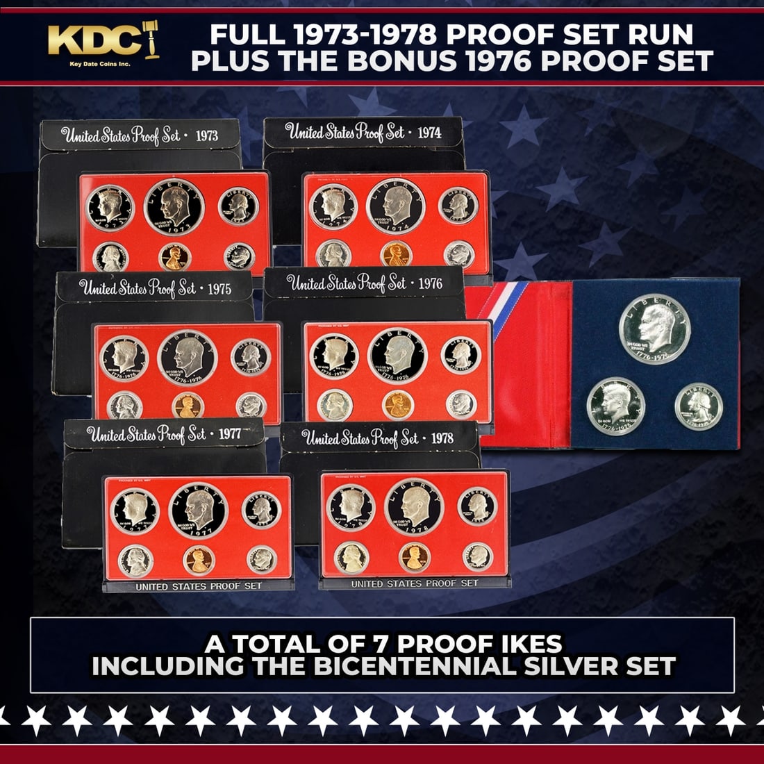 1973-1978 Proof Set Run Plus Bonus Silver Bicentennial 3pc Set 39 Coins 7 Complete Sets Complete: 1973-1978 Proof Set Run Plus Bonus Silver Bicentennial 3pc Set 39 Coins 7 Complete Sets Complete Proof Ike Set.