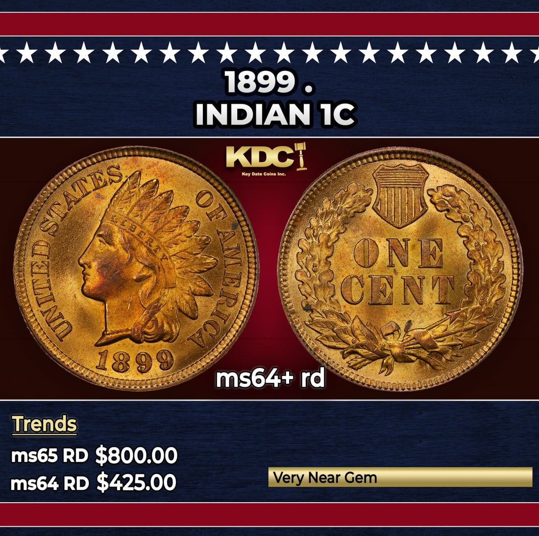 1899 Indian Cent . 1c Grades ms64+ rd: 1899 . Indian Cent 1c Grades ms64+ rd. Historic precious metal trends is causing increased spot pricing by the day. On auctions with set openings, we are doing our best to have items priced at their