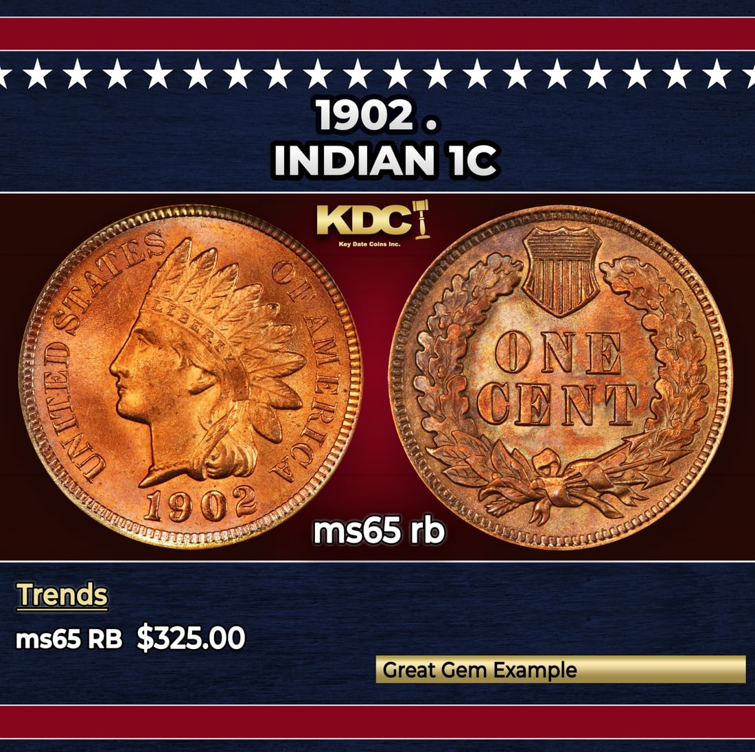 1902 Indian Cent . 1c Grades ms65 rb: 1902 . Indian Cent 1c Grades ms65 rb. Historic precious metal trends is causing increased spot pricing by the day. On auctions with set openings, we are doing our best to have items priced at their ma