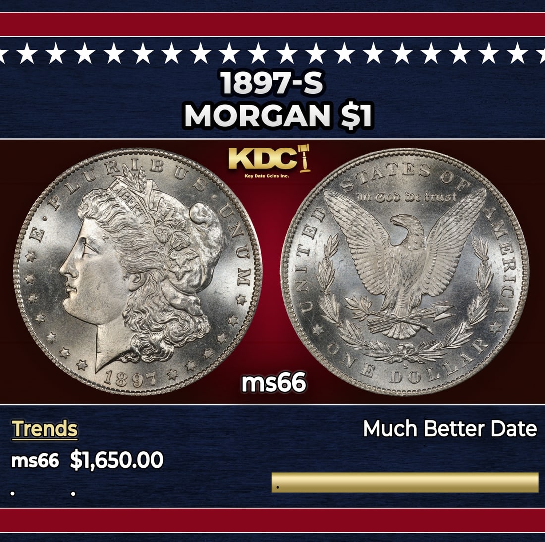 1897-s Morgan Dollar $1 ms66 SEGS: 1897-s Morgan Dollar $1 ms66 SEGS.