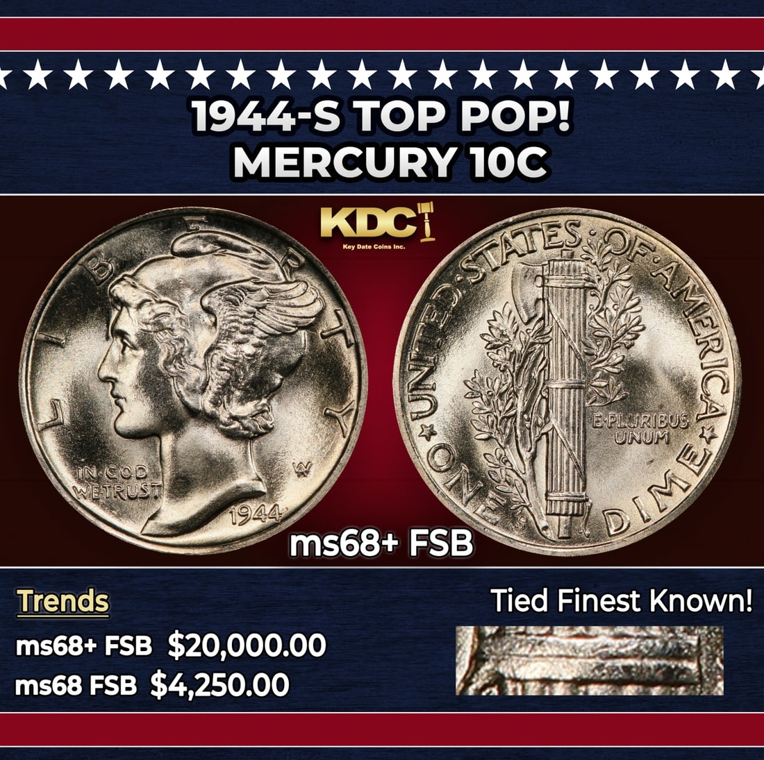 1944-s Mercury Dime TOP POP! 10c ms68+ FSB SEGS: 1944-s TOP POP! Mercury Dime 10c ms68+ FSB SEGS. Historic precious metal trends is causing increased spot pricing by the day. On auctions with set openings, we are doing our best to have items priced 