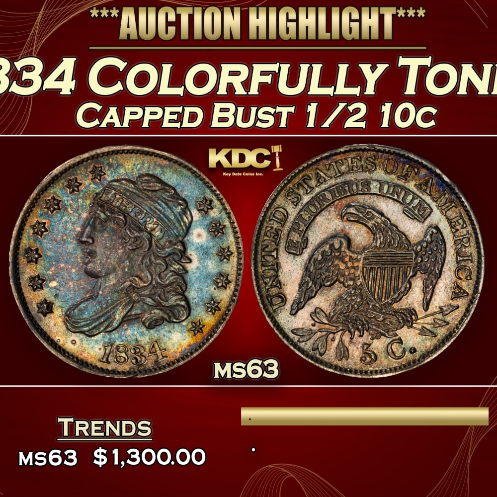 1834 Capped Bust Half Dime Colorfully Toned 1/2 10c ms63 USCG (1 of 3)
