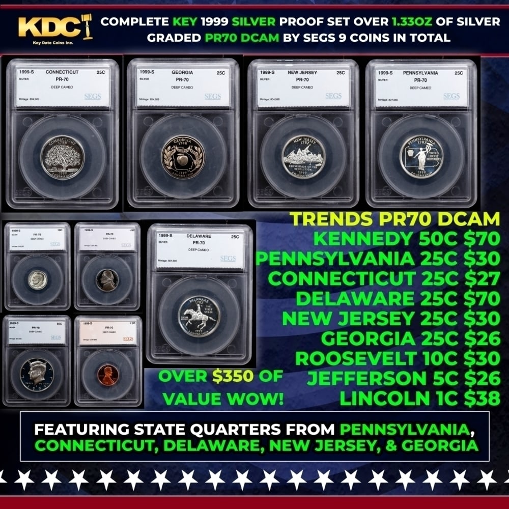 Rare 1999 US Silver Proof Set Graded pr70 DCAM By SEGS about 1.5 oz of pure silver KEY TO THE (1 of 11)