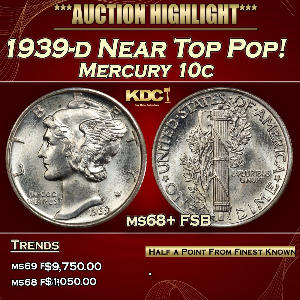 1939-d Mercury Dime Near Top Pop! 10c ms68+ FSB SEGS: 1939-d Near Top Pop! Mercury Dime 10c ms68+ FSB SEGS.
