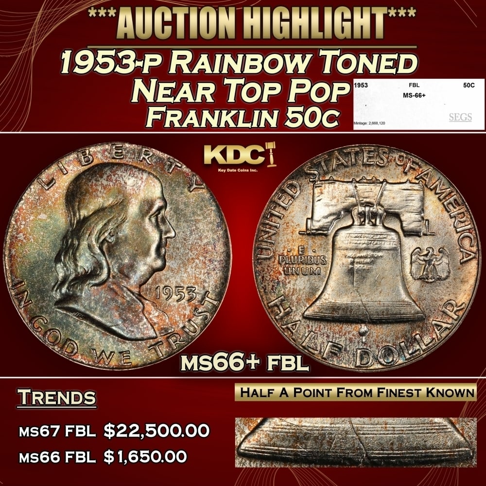 1953-p Franklin Half Dollar Rainbow Toned Near Top Pop 50c ms66+ fbl SEGS: 1953-p Rainbow Toned Near Top Pop Franklin Half Dollar 50c ms66+ fbl SEGS. 0