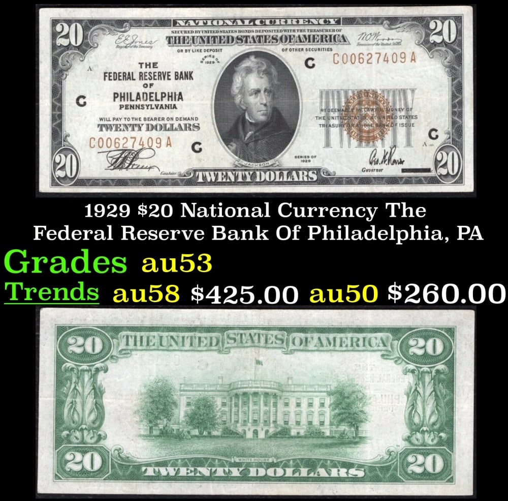 1929 $20 National Currency The Federal Reserve Bank Of Philadelphia, PA Grades Select AU (1 of 3)