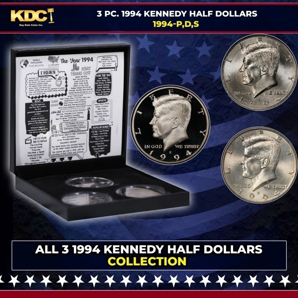 Complete 3 PC. 1994 Kennedy Half Dollar 50c set In Custom Box W/ Special Backer Card BU & Proof: Complete 3 PC. 1994 Kennedy Half Dollar 50c set In Custom Box W/ Special Backer Card BU & Proof COOL!. Please Note All Backer Cards may have slight differences but will be very similar if not identica
