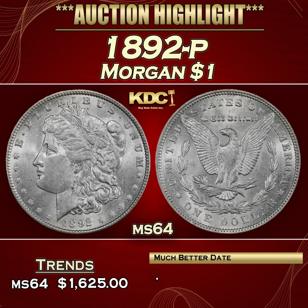 1892-p Morgan Dollar $1 ms64 SEGS: 1892-p Morgan Dollar $1 ms64 SEGS. 0
