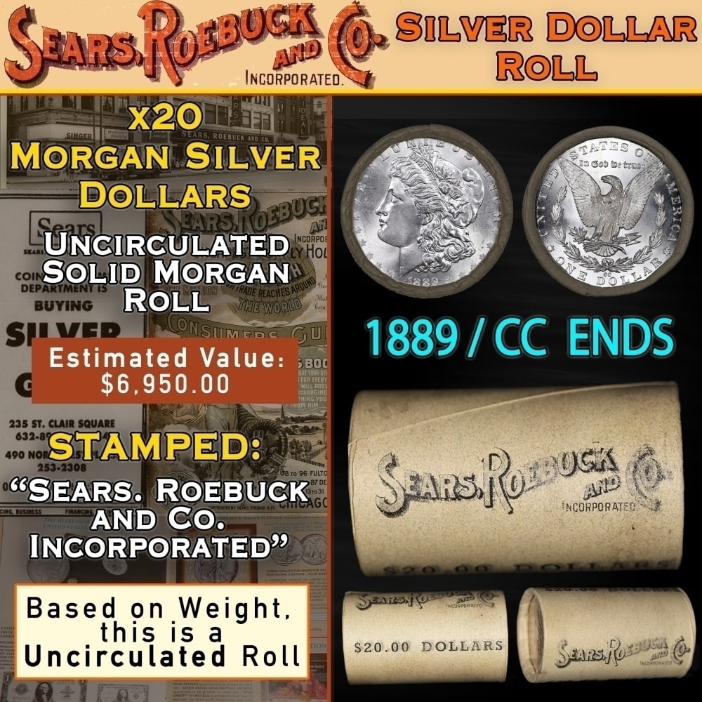 20 Coin SEARS Morgan $1 Roll CC End UNC 1889&CC Ends: 20 Coin SEARS Morgan $1 Roll CC End UNC 1889&CC Ends. Up For Auction is a 100- 20 Coin SEARS Morgan $1 Roll CC End UNC 1889&CC Ends Roll Weighing 537.7 g Based On this weight this is a UNC Roll We are