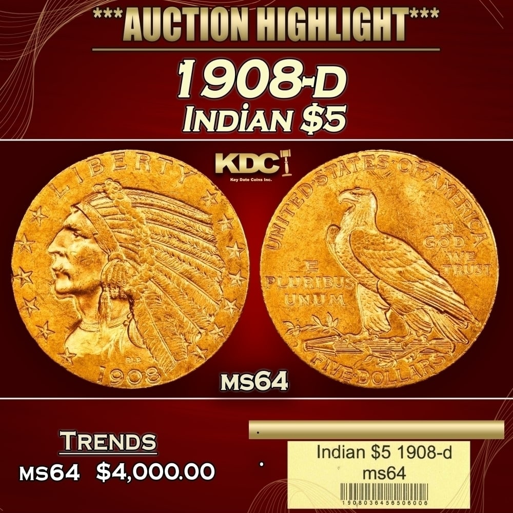 1908-d Gold Indian Half Eagle $5 ms64 USCG: 1908-d Gold Indian Half Eagle $5 ms64 USCG. Historic precious metal trends is causing increased spot pricing by the day. On auctions with set openings, we are doing our best to have items priced at th