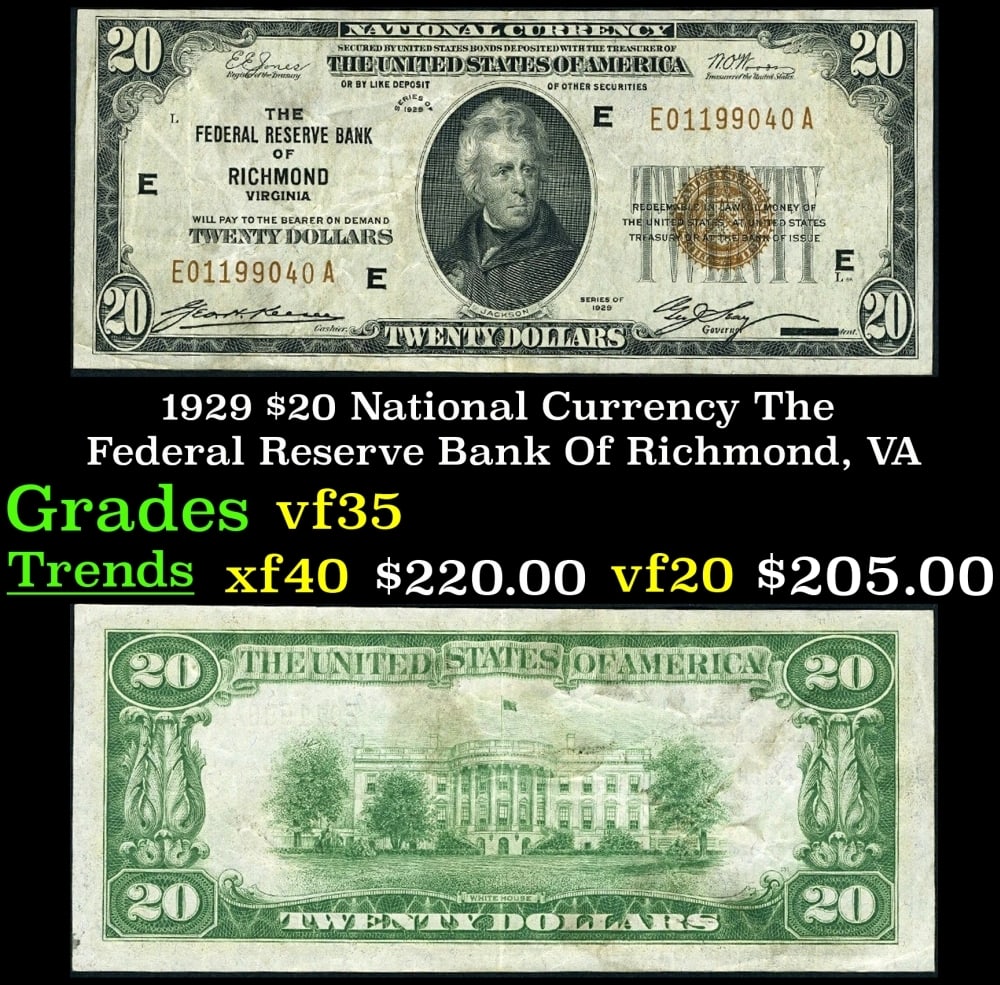 1929 $20 National Currency The Federal Reserve Bank Of Richmond, VA Grades vf++ (1 of 3)