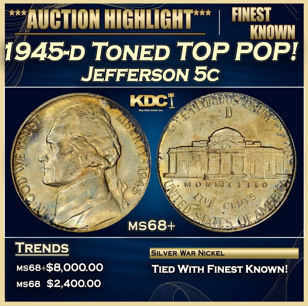 1945-d Jefferson Nickel Toned TOP POP! 5c ms68+ SEGS: 1945-d Toned TOP POP! Jefferson Nickel 5c ms68+ SEGS. 0