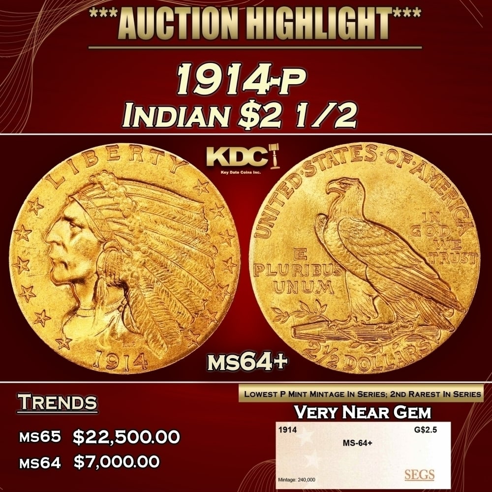 1914-p Gold Indian Quarter Eagle $2 1/2 ms64+ SEGS: 1914-p Gold Indian Quarter Eagle $2 1/2 ms64+ SEGS. The 1914 Indian quarter eagle boasts the lowest mintage of any Philadelphia issue of the series, at a mere 240,000 pieces. The 1914 is also widely c