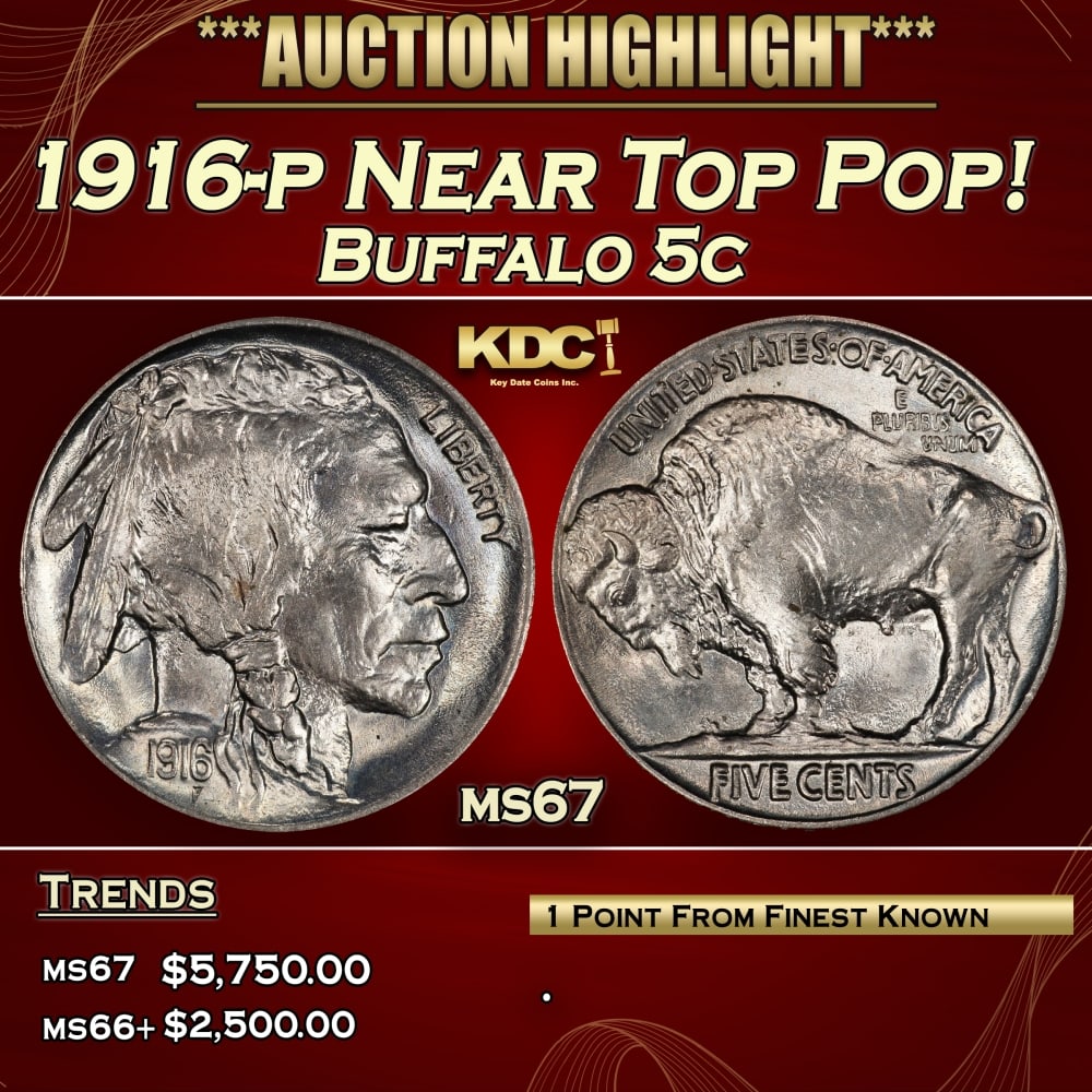 1916-p Buffalo Nickel Near Top Pop! 5c ms67 SEGS: 1916-p Near Top Pop! Buffalo Nickel 5c ms67 SEGS.
