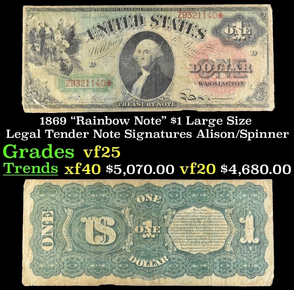 1869 $1 Large Size Legal Tender Note "Rainbow Note" Grades vf+ Signatures Alison/Spinner (1 of 3)