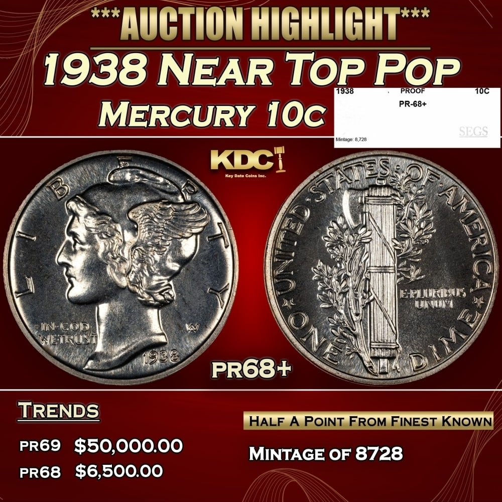 1938 Proof Mercury Dime Near Top Pop 10c pr68+ SEGS: 1938 Near Top Pop Mercury Dime 10c pr68+ SEGS. 0